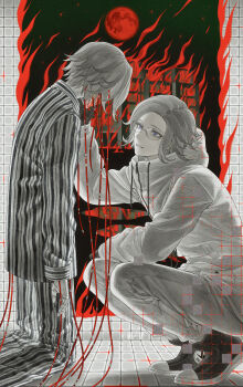 2boys 7nite absurdres aged_down aotsuki_eito arm_on_own_leg black_gloves black_shoes blue_eyes burning burning_building cable chinese_commentary clone doll_joints drawstring faceless full_body glasses glitch gloves grey_hair hand_on_another's_face highres jacket joints kneeling looking_at_another male_focus moon multiple_boys pants pocket red_fire red_moon shoes short_hair smile spoilers squatting star_(sky) static striped_clothes the_hundred_line_-last_defense_academy- tile_floor tile_wall tiles weibo_username white_jacket white_pants zipper