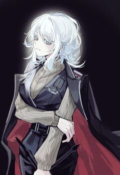 1girl aka_dang bad_id bad_twitter_id black_background black_coat black_vest blue_eyes brown_sweater closed_mouth coat coat_on_shoulders cowboy_shot faust_(project_moon) glowing glowing_hair hand_on_own_arm holding holding_sword holding_weapon limbus_company medium_hair project_moon sidelocks simple_background solo sweater sword vest weapon white_hair