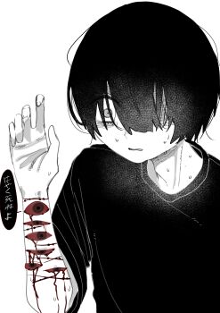 absurdres black_hair black_shirt bleeding blood blood_on_arm bloody_tears cuts hair_over_one_eye highres injury kigu_reiu long_bangs oyumeno scar scar_on_arm self-harm self-harm_scar shirt surprised sweat too_many_eyes white_background wrist_cutting yamikko_troublemaker