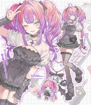 1girl absurdres ahoge alternate_costume arm_warmers black_leg_warmers black_shoes black_thighhighs blue_eyes charm_(object) chibi chibi_inset choker collared_shrug colored_inner_hair dress grey_dress guma_(teddybear_oxo) hair_intakes hair_ribbon hand_up heart high_heels highres hololive hololive_dev_is kikirara_vivi leg_warmers long_hair looking_at_viewer multicolored_hair multiple_views one_eye_closed outline pink_hair platform_shoes puffy_short_sleeves puffy_sleeves purple_hair ribbon shoes short_sleeves shrug_(clothing) sidelocks smile thighhighs twintails two-tone_hair v white_shrug