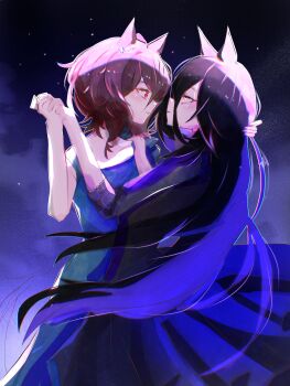 2girls absurdres agnes_tachyon_(umamusume) animal_ears black_dress black_hair brown_hair commentary dailytachycafe dancing dress ear_ornament english_commentary hair_between_eyes hand_on_another&#039;s_head hand_on_another&#039;s_shoulder highres holding_hands horse_ears horse_girl long_bangs long_hair long_hair_between_eyes long_sleeves manhattan_cafe_(umamusume) multiple_girls parted_lips red_eyes sleeveless sleeveless_dress smile umamusume very_long_hair yellow_eyes yuri