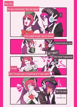 2girls absurdres beret black_shirt corporalblake dress green_dress green_eyes hat highres momone_momo multiple_girls necktie pink_hair purple_eyes purple_hair purple_necktie shirt utane_uta utau yuri