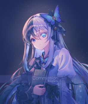 1girl black_dress black_hair blue_background blue_hair book breasts butterfly_hair_ornament character_request commission copyright_request dark_background dress grey_hair hair_ornament heterochromia highres holding holding_book long_hair simple_background solo tubering twitter_username upper_body white_dress