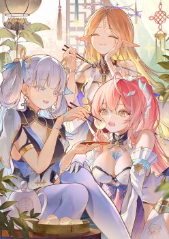 3girls absurdres aemeath_(wuthering_waves) all_fours bare_shoulders black_dress blonde_hair breasts cartethyia_(wuthering_waves) chigusa7h chopsticks closed_eyes cloud coat colored_eyelashes commentary_request crown_of_thorns dress earrings eating feeding hair_between_eyes hair_ornament hair_rings highres holding holding_chopsticks jewelry jinhsi_(wuthering_waves) kneeling leotard long_hair looking_at_another mole mole_on_shoulder mole_under_eye multiple_earrings multiple_girls open_mouth parted_bangs pink_hair pointy_ears ponytail sitting small_breasts smile star-shaped_pupils star_(symbol) symbol-shaped_pupils tacet_mark_(wuthering_waves) white_coat white_eyelashes white_eyes white_hair white_leotard wuthering_waves