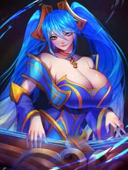 1girl absurdres aqua_hair blue_dress blue_eyes blue_hair breasts choker cleavage commentary_request dress etwahl gradient_hair highres instrument large_breasts league_of_legends long_hair looking_at_viewer multicolored_hair musical_note_necklace off_shoulder patreon_username signature smile solo sona_(league_of_legends) treble_clef twintails watermark xuuikie_ashe