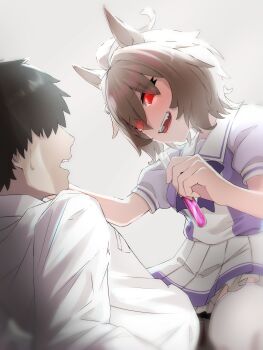 1boy 1girl agnes_tachyon_(umamusume) ahoge animal_ears black_hair brown_hair commentary_request cowboy_shot eyes_visible_through_hair glowing glowing_eyes hair_between_eyes highres holding holding_vial horse_ears horse_girl i_am_shakenoko leaning_forward long_bangs looking_at_another open_mouth pleated_skirt potion puffy_short_sleeves puffy_sleeves purple_shirt red_eyes scared school_uniform shirt short_hair short_sleeves sitting sitting_on_person skirt smile summer_uniform tracen_school_uniform trainer_(umamusume) umamusume vial white_shirt white_skirt