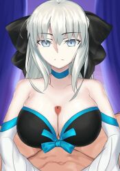 1boy 1girl animated bare_shoulders black_dress black_ribbon blue_eyes breasts censored cleavage clothed_female_nude_male collarbone detached_sleeves dress expressionless fate/grand_order fate_(series) hair_ribbon handsfree_paizuri hetero large_breasts long_hair long_sleeves looking_at_viewer morgan_le_fay_(fate) nanaya_(ranchenmonhan) nude paizuri pov pov_crotch ribbon tagme video white_hair