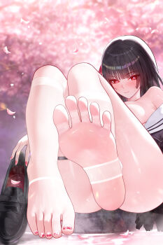 1girl absurdres barefoot black_hair black_shoes blush breasts chisa_(wuthering_waves) commentary_request feet foot_focus highres holding holding_shoes holding_unworn_clothes large_breasts long_hair looking_at_viewer nail_polish no_bra off_shoulder paid_reward_available parted_lips red_eyes shoes socks soles solo stirrup_legwear toeless_legwear toenail_polish toenails toes unworn_shoes ursica variant_set white_socks wuthering_waves