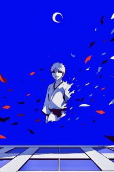 Rule 34 | 1046sstep btoh, 1boy, black sclera, bleach, colored sclera, colored skin, commentary request, crescent moon, disintegration, highres, hollow ichigo, male focus, moon, signature, smile, solo, white hair, white skin, yellow eyes