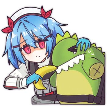1boy 1girl banana blue_gloves blue_hair colphne_(girls&#039;_frontline_2) commentary english_commentary food fruit girls&#039;_frontline girls&#039;_frontline_2:_exilium gloves gun hair_between_eyes hair_ornament hairclip hat holding holding_food holding_gun holding_weapon load_bearing_vest looking_at_viewer lowres mr._pizza_(girls&#039;_frontline_2) nervous_sweating nurse_cap parted_lips red_eyes red_ribbon ribbon rishe_(reeeeshe) stuffed_dinosaur sweat tearing_up threat transparent_background upper_body weapon white_hat