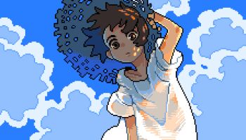 1girl animated animated_gif backlighting blue_sky brown_eyes brown_hair closed_mouth cloud day dress hand_on_headwear hat looping_animation mawaro9696 original outdoors pixel_art shirt short_hair short_sleeves sky solo straw_hat white_dress white_shirt wind
