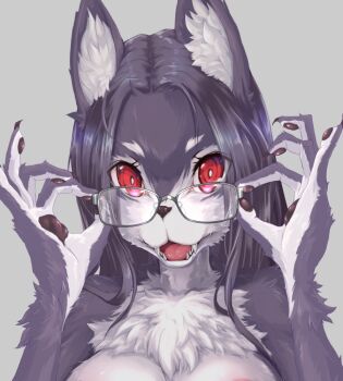 Rule 34 | 1girl, adjusting eyewear, areola slip, body fur, fangs, female focus, furry, furry female, glasses, grey background, oinari sanda, open mouth, original, purple hair, red eyes, simple background, solo, teeth