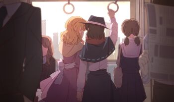 Rule 34 | 1boy, 1other, 4girls, arm up, bag, black capelet, black coat, black hat, black necktie, black skirt, blonde hair, bow, brown bag, business suit, capelet, cityscape, coat, collared dress, collared shirt, commentary request, contrast collar, dress, faceless, faceless female, formal clothes, frilled dress, frills, from behind, hair bow, hat, hat bow, holding, holding hands, holding newspaper, long hair, maribel hearn, medium hair, multiple girls, necktie, newspaper, purple dress, reading, ribbon-trimmed capelet, ribbon trim, sash, shirt, shirt tucked in, shoulder bag, skirt, suit, touhou, train interior, twintails, unagi sango, usami renko, waist bow, whispering, white bow, white sash, white shirt, window, yuri