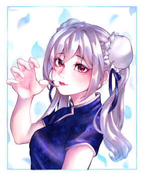 1girl blue_dress blue_petals border breasts bun_cover china_dress chinese_clothes claw_pose closed_mouth commentary_request double-parted_bangs double_bun dress grey_hair hair_bun hand_up highres idolmaster idolmaster_cinderella_girls idolmaster_cinderella_girls_starlight_stage kanzaki_ranko lips long_hair looking_at_viewer medium_breasts nose okubatomaeba petals red_eyes short_sleeves smile solo twintails upper_body white_border