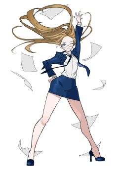 1girl arm_up blonde_hair blue_eyes blue_jacket blue_shoes blue_skirt commentary_request full_body glasses hand_on_own_hip high_heels highres jacket korean_commentary leummeul05 long_hair looking_at_viewer miniskirt office_lady one_eye_closed original paper pencil_skirt shirt shoes simple_background skirt solo standing white_background white_shirt