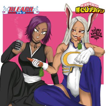 2girls absurdres alcohol artist_name bare_shoulders belmo_khalifa bleach boku_no_hero_academia breasts carrot choker collarbone copyright_name crossover dark-skinned_female dark_skin elbow_gloves female_focus gloves highres large_breasts medium_hair mirko multiple_girls offering_food purple_hair rabbit_ears red_eyes sake shihakusho shihouin_yoruichi sitting thighhighs thighs trait_connection white_gloves white_hair yellow_eyes