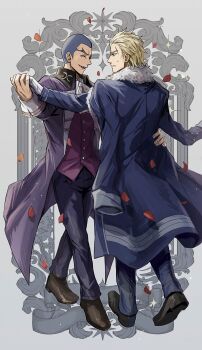 2boys :d ^_^ absurdres alexandre_dumas_(fate) blonde_hair blue_coat blue_eyes brown_shoes clenched_teeth closed_eyes coat coat_on_shoulders commentary_request dancing facing_another fate/strange_fake fate_(series) fur-trimmed_coat fur_trim gloves hair_slicked_back hand_on_another's_waist haveanicedream highres holding_hands looking_at_another male_focus multiple_boys open_mouth orlando_reeve purple_coat purple_vest scar scar_across_eyebrow scar_on_face shoes short_hair smile sweatdrop teeth very_short_hair vest white_gloves