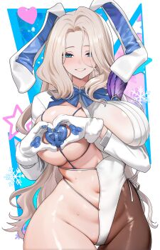 1girl absurdres animal_ears bad_source blue_eyes breasts brown_dust_(series) brown_dust_2 darian_silverstein fake_animal_ears gloves heart heart_hands highres long_hair looking_at_viewer nontraditional_playboy_bunny official_art pantyhose rabbit_ears smile snowflakes solo star_(symbol) white_hair