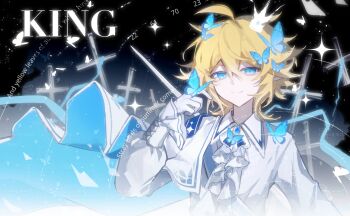 Rule 34 | 1boy, ahoge, alternate costume, aotu world, ascot, bishounen, blonde hair, blue butterfly, blue cape, blue eyes, blue gemstone, blue ribbon, brooch, bug, butterfly, butterfly hair ornament, butterfly on hand, cape, character name, chinese commentary, closed mouth, collared shirt, cross, crown, english text, gem, gloves, hair between eyes, hair ornament, highres, insect, jewelry, king (aotu world), long sleeves, looking at viewer, male focus, mini crown, pointy ears, qiyu1125king, ribbon, shirt, short hair, side cape, smile, solo, sparkle, star (sky), star (symbol), two-sided cape, two-sided fabric, upper body, watermark, watermark grid, white ascot, white cape, white gloves, white shirt