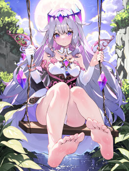 1girl bare_shoulders barefoot breasts closed_mouth cloud commentary_request elbow_gloves fingernails full_moon gloves grey_hair highres hololive hololive_english koseki_bijou koseki_bijou_(1st_costume) legs long_hair looking_at_viewer medium_breasts moon nail_polish on_swing outdoors panties purple_eyes red_nails single_elbow_glove sitting sky smile soles solo swing toes underwear virtual_youtuber waterring wet white_gloves white_panties