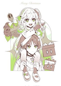 1boy 1girl alternate_costume alternate_eye_color bow box cable_knit choker choppy_bangs christmas_star closed_mouth coat collared_shirt eyelashes feathers flower fur-trimmed_headwear fur_trim genshin_impact gift gift_box gloves green_eyes green_hair hair_between_eyes hair_bow hair_ornament half_crown_braid hat highres holding holding_another&#039;s_legs layered_sleeves leaf leaf_hair_ornament light_blush limited_palette long_hair long_sleeves looking_at_another looking_at_object looking_up merry_christmas mistletoe_hair_ornament multicolored_hair nahida_(genshin_impact) open_mouth pantyhose pinky_ring pom_pom_(clothes) ribbed_sweater rose santa_hat scaramouche_(genshin_impact) scarf shirt shoes side_ponytail sidelocks streaked_hair sweater tareme teeth touxin_0316 tulaytullah&#039;s_remembrance_(genshin_impact) undershirt upper_teeth_only white_background white_hair winter_clothes winter_coat yellow_feathers