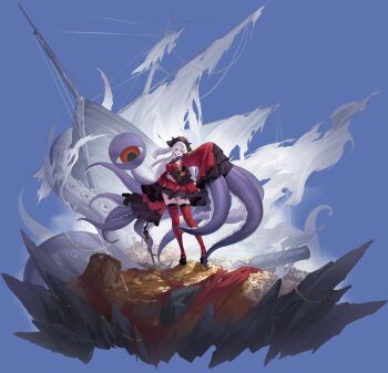 1girl absurdres adventure_(azur_lane) azur_lane black_hat black_shoes blue_tongue breasts colored_tongue dress full_body groin hair_between_eyes hat highres large_breasts long_hair looking_at_viewer multicolored_hair navel no_panties non-web_source official_art open_mouth pirate_hat purple_eyes purple_hair red_dress red_thighhighs ringed_eyes shoes sideboob skindentation sleeves_past_fingers sleeves_past_wrists solo standing streaked_hair tentacles thighhighs torn_clothes white_hair wide_sleeves