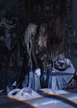 024_(1a41a4) 1boy absurdres arm_at_side beard black_coat blue_eyes candlestand chandelier chromatic_aberration closed_mouth coat connected_beard crack cracked_glass dark different_reflection facial_hair fate/apocrypha fate_(series) flower highres indoors long_hair male_focus mirror night reflection rose spinal_cord spine vase vlad_iii_(fate/apocrypha) white_flower white_rose