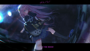 1girl absurdres black_shirt black_socks blue_eyes bocchi_the_rock! commentary_request copyright_name cr_iws_t_72 cube_hair_ornament electric_guitar foot_out_of_frame gibson_les_paul gotoh_hitori grey_skirt guitar hair_between_eyes hair_ornament highres holding holding_guitar holding_instrument instrument kessoku_band_logo kessoku_band_t-shirt kneehighs letterboxed long_bangs long_hair music official_alternate_costume outside_border pink_hair playing_guitar playing_instrument pleated_skirt serious shirt short_sleeves skirt socks solo standing straight_hair t-shirt