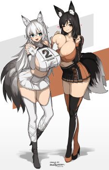 >:) 2girls absurdres animal_ear_fluff animal_ears areola_slip asymmetrical_legwear bare_shoulders black_hair black_thighhighs blue_eyes breasts cleavage commission crop_top dated deep_skin elbow_gloves fox_ears fox_girl fox_tail gloves grabbing_another's_breast groping heart high_heels highres huge_breasts long_hair long_legs makino_momiji_(artist) microskirt midriff mismatched_legwear multiple_girls multiple_tails one_eye_closed open_mouth orange_thighhighs original race_queen shirt shrug_(clothing) sideboob signature simple_background skeb_commission skirt sleeveless sleeveless_shirt smile tail thighhighs v-shaped_eyebrows very_long_hair white_gloves white_hair white_thighhighs yellow_eyes zettai_ryouiki