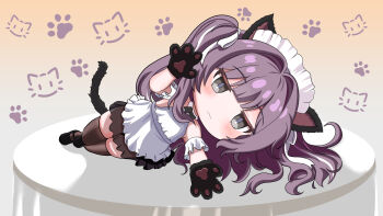 1girl :3 absurdres alternate_costume animal_ears animal_hands azur_lane black_shoes black_thighhighs blush cat_ears cat_tail chibi chibi_only commentary_request enmaided fake_animal_ears fake_tail grey_eyes hair_ribbon highres long_hair looking_at_viewer lowind lying maid maid_headdress official_alternate_costume on_side on_table purple_hair ribbon shoes solo table tail thighhighs two_side_up vittorio_cuniberti_(azur_lane) vittorio_cuniberti_(on_the_habits_of_cats)_(azur_lane) white_ribbon