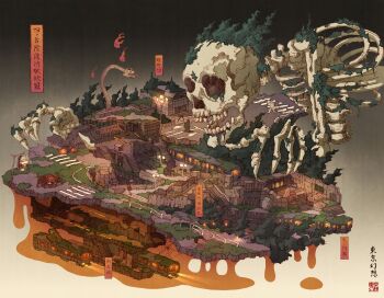 3boys 3others abandoned absurdres animal black_hat black_pants black_vest bug coffin commentary_request crosswalk dilapidated hat highres hitodama lamppost monster moss multiple_boys multiple_others night original overgrown pants post-apocalypse railing railroad_tracks road ruins shirt sign skeleton spider stairs tokyogenso top_hat train vest white_shirt