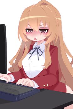 1girl aisaka_taiga angry black_ribbon blush bottomless breasts brown_eyes brown_hair computer computer_keyboard desk jacket kukuchi581 loli long_hair long_sleeves neck_ribbon open_clothes open_jacket open_mouth red_jacket ribbon school_uniform shirt small_breasts standing toradora! typing upper_body white_background white_shirt