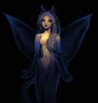 1girl absurdres aegyo_sal antennae black_background blue_outline braid butterfly_wings colored_extremities commentary english_commentary facing_viewer floating_hair hair_over_shoulder highres insect_wings looking_at_viewer mermaid monster_girl orange_eyes original outline red_lips simple_background smile solo twulfs wings