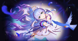 Rule 34 | 1girl, arm up, artist name, breasts, cleavage, commentary request, dress, ermu (enmmm), floating hair, from above, full body, gloves, green eyes, grey hair, head wings, highres, honkai: star rail, honkai (series), long hair, looking at viewer, open mouth, purple ribbon, ribbon, robin (bird), robin (honkai: star rail), shoes, solo, very long hair, white dress, white gloves, wings