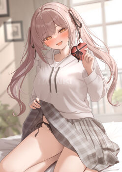 1girl :d black_panties black_ribbon blush box box_of_chocolates brown_hair clothes_lift day grey_skirt hair_ribbon heart-shaped_box highres holding imouto-chan_(monaka_curl) indoors kneeling long_hair long_sleeves looking_at_viewer monaka_curl open_mouth original paid_reward_available panties plaid_clothes plaid_skirt ribbon side-tie_panties skirt skirt_lift smile solo sweater thighs twintails underwear valentine white_sweater yellow_eyes