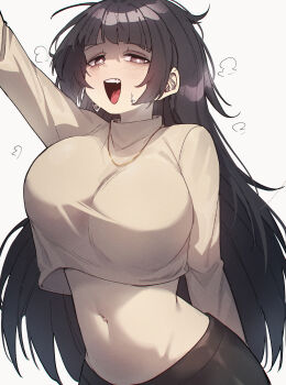 1girl absurdres arm_up black_hair blunt_bangs blunt_ends breasts cropped_shirt fang grey_shirt highres huge_breasts jewelry long_hair necklace onto3287 open_mouth original red_eyes shirt simple_background smile solo steaming_body sweatdrop turtleneck turtleneck_shirt very_long_hair white_background