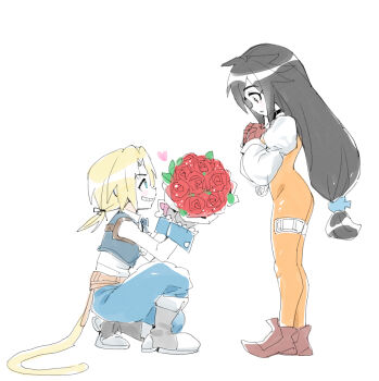 Rule 34 | 1boy, 1girl, aqua vest, armored boots, black choker, black hair, blonde hair, blue eyes, blue pants, blue wrist cuffs, bodysuit, boots, bouquet, brown footwear, brown gloves, choker, couple, cropped vest, crystal, dede (qwea 00000), final fantasy, final fantasy ix, flower, full body, garnet til alexandros xvii, gloves, grey footwear, grey gloves, grin, hair tie, hands on own chest, hetero, highres, holding, holding bouquet, jewelry, juliet sleeves, light blush, long hair, long sleeves, looking at another, low-tied long hair, low ponytail, monkey tail, on one knee, orange bodysuit, pants, parted bangs, parted lips, pendant, ponytail, profile, puffy long sleeves, puffy sleeves, red flower, red rose, rose, shirt, sketch, sleeveless, sleeveless shirt, smile, standing, tail, teeth, thigh strap, vest, white background, wrist cuffs, zidane tribal