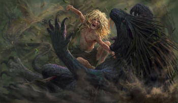 1boy alex_cristi bleeding blonde_hair blood branch calibanite_lion child claws clenched_hand dark_angels fighting forest forked_tongue green_eyes highres holding incoming_attack incoming_punch leaf lion lion_el&#039;jonson lion_tail long_hair mane mounting nature primarch punching raised_fist roaring scratches sharp_teeth spiked_hair tail teeth tongue warhammer_40k