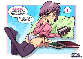 1girl book breasts brown_eyes cleft_of_venus glasses highres looking_back medium_breasts nagato_yuki panties panty_peek pin_up purple_hair skajrzombie suggestive_look suzumiya_haruhi_no_yuuutsu thighhighs underwear