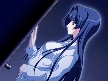 1girl black_hair doko_e_iku_no_ano_hi door from_side green_eyes kanno_touko kunimi_ema long_hair night non-web_source sad shirt white_shirt