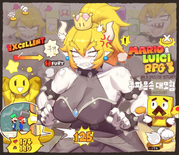 ! 2girls 3boys ?_block anger_vein armlet bare_shoulders black_armlet black_nails blonde_hair blue_overalls bowsette bracelet breasts broque_monsieur collar commentary_request copyright_name crown domaguri dress earrings elbow_gloves facial_hair fire food gameplay_mechanics gloves hammer horns inhaling jewelry korean_commentary large_breasts long_hair luigi mario mario_&amp;_luigi:_bowser's_inside_story mario_&amp;_luigi_rpg mario_(series) meat multiple_boys multiple_girls muscular muscular_female mushroom mustache nintendo overalls pain ponytail saliva see-through_cleavage see-through_clothes sharp_teeth solo solo_focus sphere_earrings spiked_armlet spiked_bracelet spiked_collar spikes starlow stats super_crown sweat teeth video_game_dialogue_box