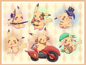 Rule 34 | argyle background, beret, bow, cosplay, flamestrider (genshin impact), flower, furina (genshin impact), furina (genshin impact) (cosplay), gen 1 pokemon, genshin impact, green hat, hat, hat bow, hat flower, head ornament, head wreath, highres, holding, holding instrument, holding lyre, holding removed eyewear, holding sword, holding weapon, instrument, lyre, mavuika (genshin impact), mavuika (genshin impact) (cosplay), motor vehicle, motorcycle, multiple persona, musou isshin (genshin impact), nahida (genshin impact), nahida (genshin impact) (cosplay), necktie, nintendo, no humans, one eye closed, pikachu, pokemon, pokemon (creature), raiden shogun, raiden shogun (cosplay), sunglasses, sword, symbol-shaped pupils, top hat, unworn eyewear, user xxjp4374, venti (genshin impact), venti (genshin impact) (cosplay), weapon, yellow background, zhongli (genshin impact), zhongli (genshin impact) (cosplay)