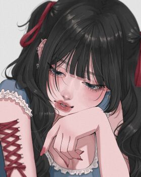 Rule 34 | 1girl, aegyo sal, arm piercing, barbell piercing, black hair, blue eyes, blue shirt, blurry, corset piercing, depth of field, double-parted bangs, ear piercing, eyelashes, film grain, fingernails, frilled sleeves, frills, grey background, hair over shoulder, hair ribbon, half-closed eyes, head on arm, head rest, highres, industrial piercing, long fingernails, long hair, looking down, nail polish, original, parted lips, piercing, portrait, red nails, red ribbon, ribbon, ribbon earrings, scoop neck, shirt, short sleeves, tamori (tamori www), two side up, wavy hair