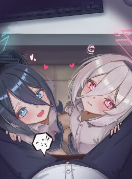 1boy 2girls absurdres aris_(blue_archive) black_hair blue_archive blush commentary computer_keyboard doodle_sensei_(blue_archive) grey_hair hair_between_eyes halo heart high_(hgih) highres indoors kei_(blue_archive) long_hair_between_eyes looking_at_viewer multiple_girls pov pov_crotch sensei_(blue_archive) smile spread_legs squiggle sweatdrop tile_floor tiles under_table
