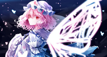 1girl :| blue_kimono bug butterfly butterfly_wings closed_mouth commentary contrast_collar frilled_sailor_collar frills glowing glowing_butterfly glowing_wings highres insect insect_wings japanese_clothes kimono long_sleeves looking_at_viewer looking_to_the_side pink_hair red_eyes saigyouji_yuyuko sailor_collar short_hair solo soraki_(marisa_syou) touhou upper_body white_butterfly white_sailor_collar wings