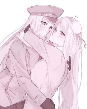 Rule 34 | 2girls, axis powers hetalia, blush, breasts, buttons, commentary request, dress, dual persona, fur-trimmed dress, fur trim, genderswap, genderswap (mtf), gloves, greyscale, hair ornament, hairband, hat, highres, hug, jacket, large breasts, long hair, long sleeves, looking at viewer, military hat, military jacket, military uniform, monochrome, multiple girls, notice lines, open mouth, pom pom (clothes), pom pom hair ornament, russia (female) (hetalia), russia (hetalia), s2ppo, scarf, selfcest, simple background, upper body, yuri