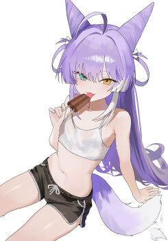 1girl absurdres ahoge bare_arms bare_shoulders black_shorts blue_eyes camisole commentary_request cone_hair_bun crop_top dolphin_shorts drawstring food fox_tail hair_bun hair_rings heterochromia highres holding holding_food holding_popsicle korean_commentary licking long_hair looking_at_viewer midriff navel nbee_ya popsicle purple_hair shirt short_shorts shorts simple_background sitting sleeveless sleeveless_shirt solo stellive stomach sweat tail tenko_shibuki thighs tongue tongue_out very_long_hair virtual_youtuber white_background white_shirt yellow_eyes