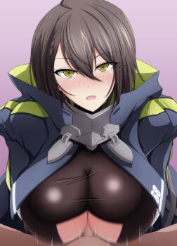 1boy 1girl ahoge azur_lane baltimore_(azur_lane) black_shirt blue_coat blush braid breasts breasts_squeezed_together brown_hair clothed_female_nude_male clothing_cutout coat commentary french_braid gloves hair_between_eyes hetero highres hood hood_down hooded_coat large_breasts long_sleeves looking_at_viewer makiri_akira motion_blur motion_lines multicolored_coat nude open_mouth paizuri paizuri_under_clothes penis purple_background shirt short_hair sidelocks simple_background solo_focus taut_clothes taut_shirt underboob underboob_cutout upper_body white_gloves yellow_eyes