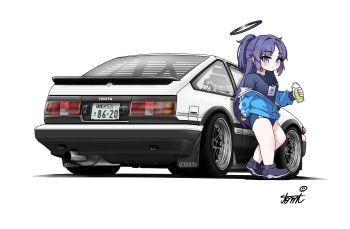 1girl absurdres black_shirt black_shoes blue_archive blue_buruma blue_jacket blush bottle buruma car closed_mouth commentary_request doodle_sensei_(blue_archive) halo highres holding holding_bottle jacket lanyard long_hair long_sleeves looking_at_viewer motor_vehicle off_shoulder open_clothes open_jacket parted_bangs ponytail puffy_long_sleeves puffy_sleeves purple_eyes purple_hair sensei_(blue_archive) shadow shirt shoes short_sleeves signature simple_background sleeves_past_wrists smile solo tomimon toyota toyota_sprinter_trueno track_jacket very_long_hair white_background yuuka_(blue_archive) yuuka_(track)_(blue_archive)