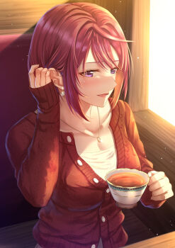 Rule 34 | 1girl, breasts, cleavage, commentary request, cup, day, gundam, gundam seed, gundam seed freedom, hair behind ear, hair between eyes, hand up, highres, holding, holding cup, indoors, jacket, long sleeves, lunamaria hawke, medium breasts, parted lips, purple eyes, red hair, red jacket, shirt, sitting, sleeves past wrists, smile, solo, sunlight, teacup, toshi (1-147), tucking hair, white shirt, window